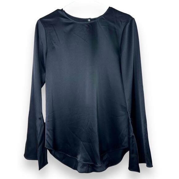 Theory NWOT True Black Flat Sateen Flared Long Slit Sleeves Pullover Blouse - Picture 2 of 8